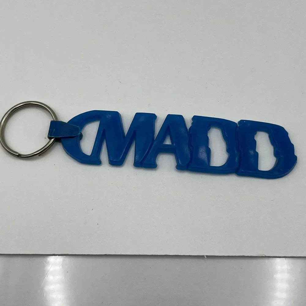 Vintage MADD Keychain Blue Rubber Mothers Against Drunk Driving‎ Awareness Logo